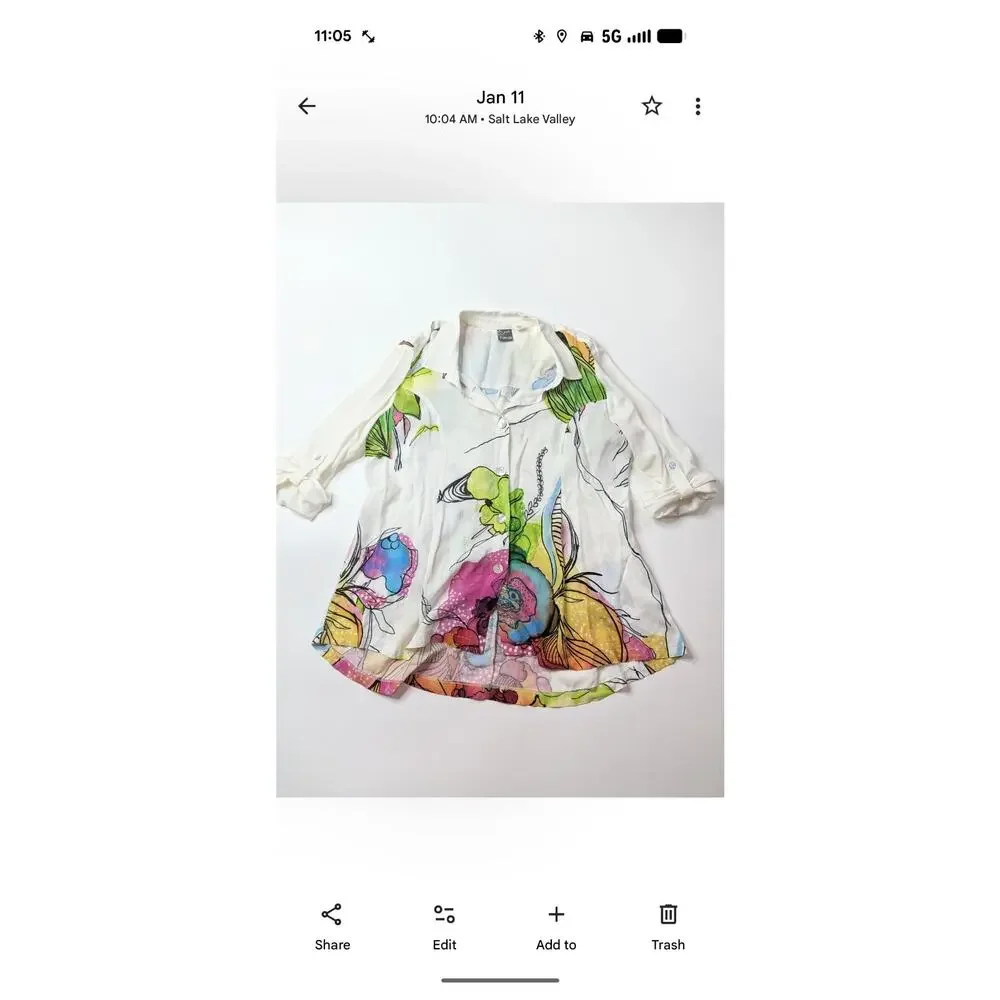 Simply Art by Dolcezza Floral Button-Up 3/4 Roll Up Sleeve Blouse Size M - Picture 2 of 10